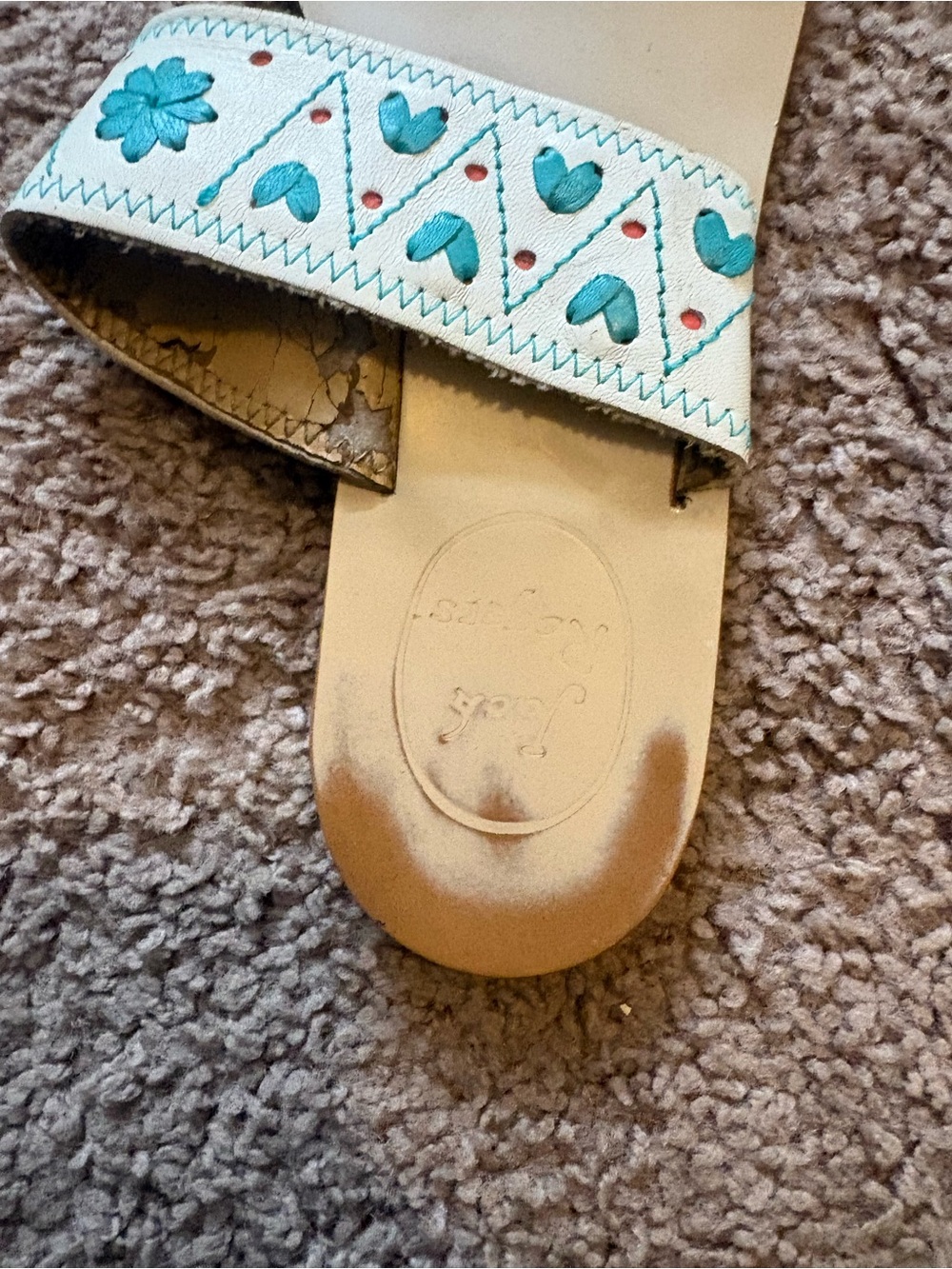 Jack rogers White Leather Slide Sandal with Teal Heart & Flower Cutouts